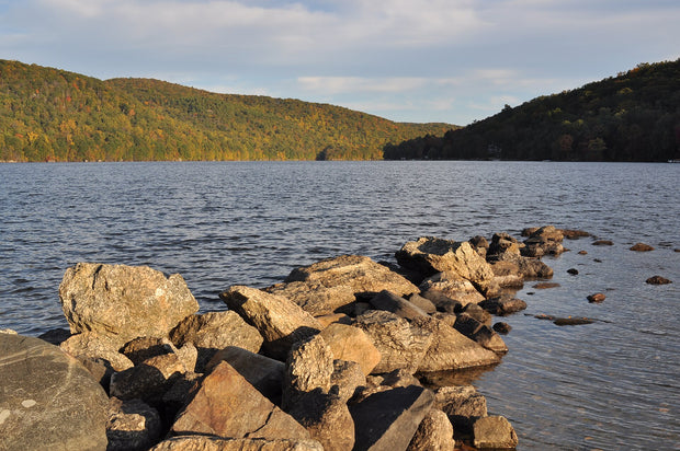Squantz Pond State Park, New Fairfield, Connecticut -- early autumn morning light on a calm forested lake