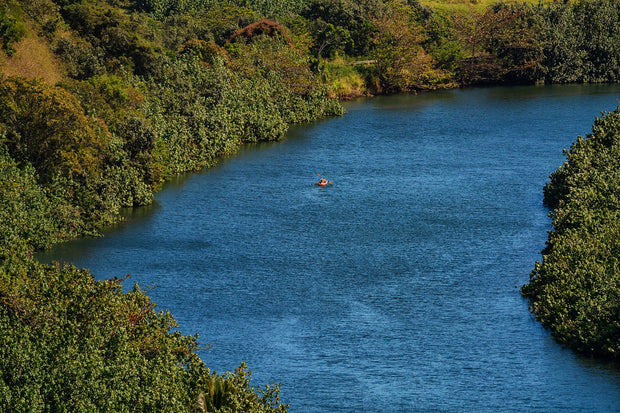 Kayaking on the Wailua River, Kauai Hawaii, surrounded by lush jungle
