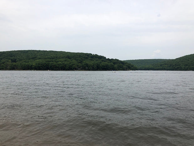 Deep Creek Lake Maryland paddleboarding, view northeast across the lake in summer with wooded mountain shoreline, Garrett County