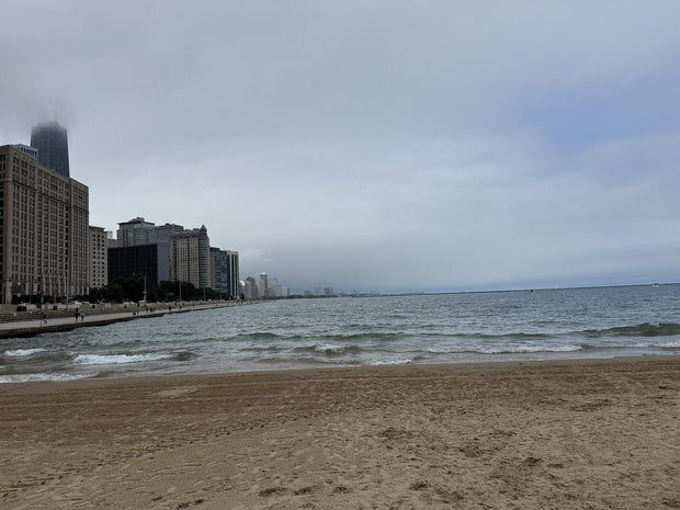Ohio Street Beach on Lake Michigan in Chicago with downtown skyline and open blue water