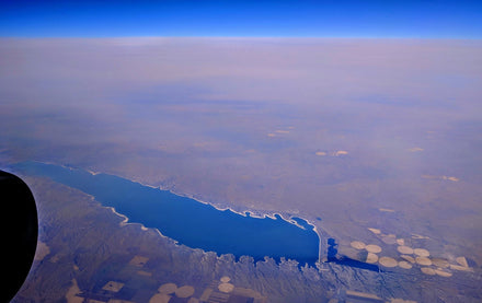 Aerial view of Lake McConaughy, Nebraska's largest lake, with white sand beaches and blue water