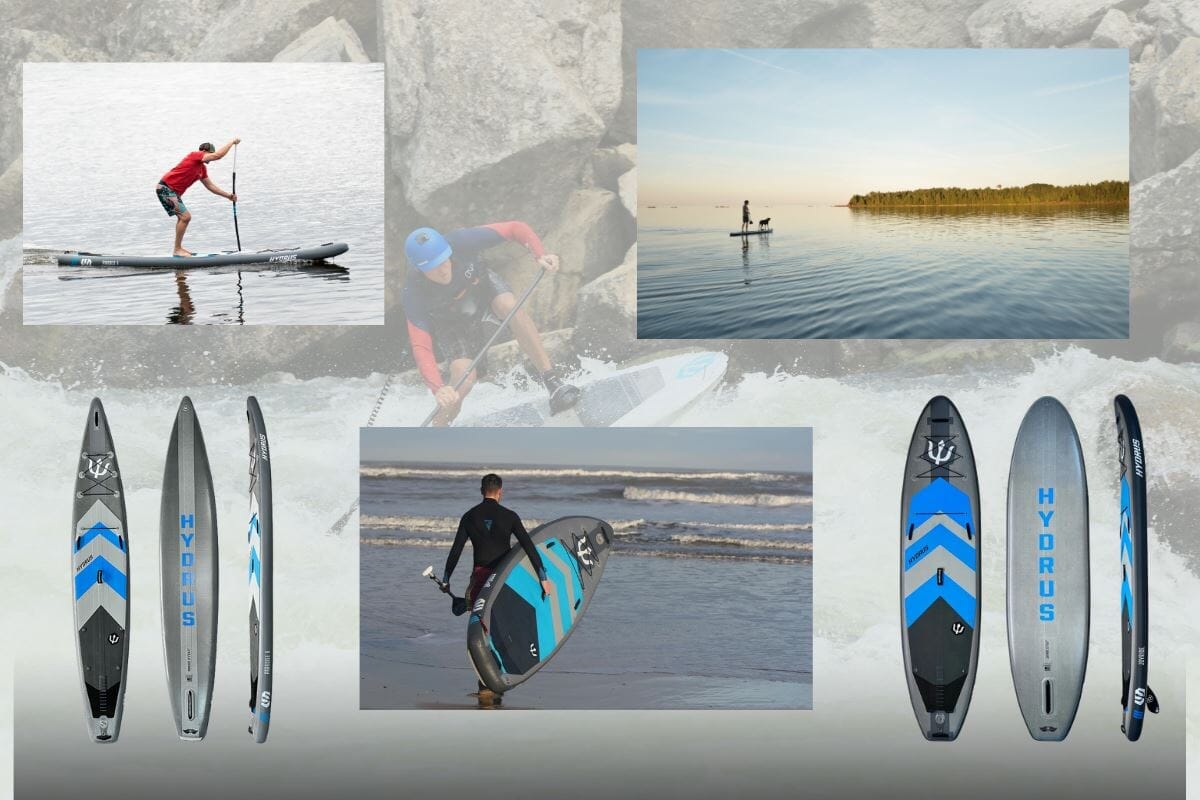 Paddleboard width comparison showing a narrower board next to a wider board with the same paddler, illustrating that width sets the stability budget at any given weight.