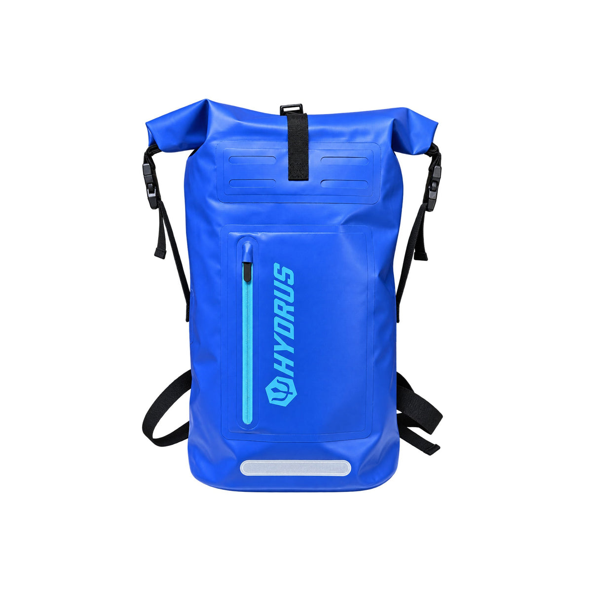 Hydrus 20L waterproof dry bag backpack, front view with roll top closure and front zip pocket