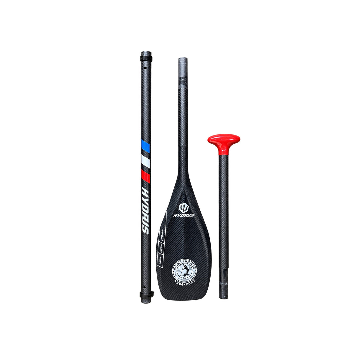 Hydrus Ruckus Travel 3-Piece carbon SUP paddle broken down into three sections for travel