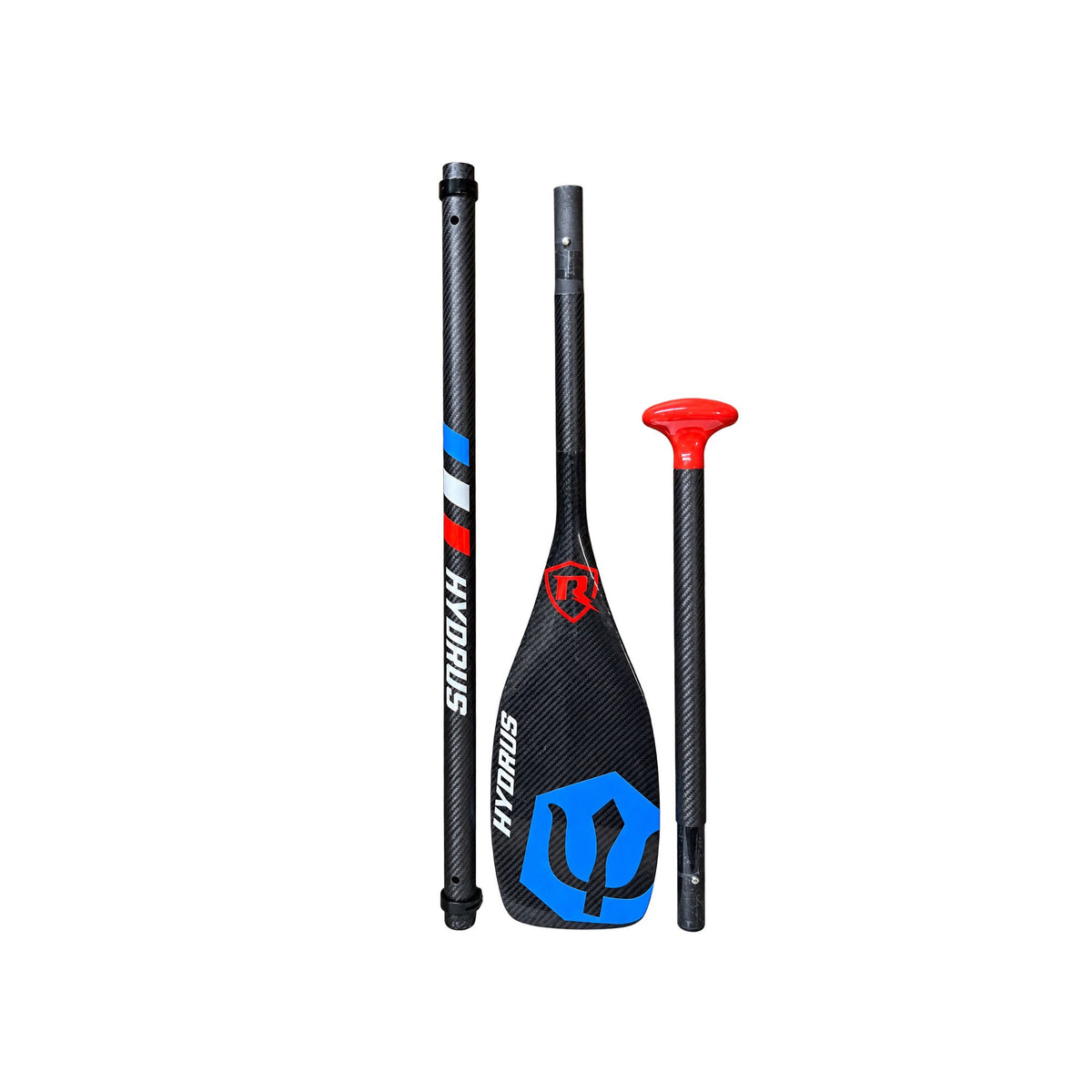Three sections of the Hydrus Ruckus Travel 3-Piece carbon SUP paddle laid out