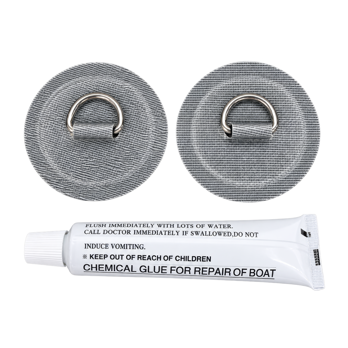 Two stainless D-ring patches and a tube of marine adhesive