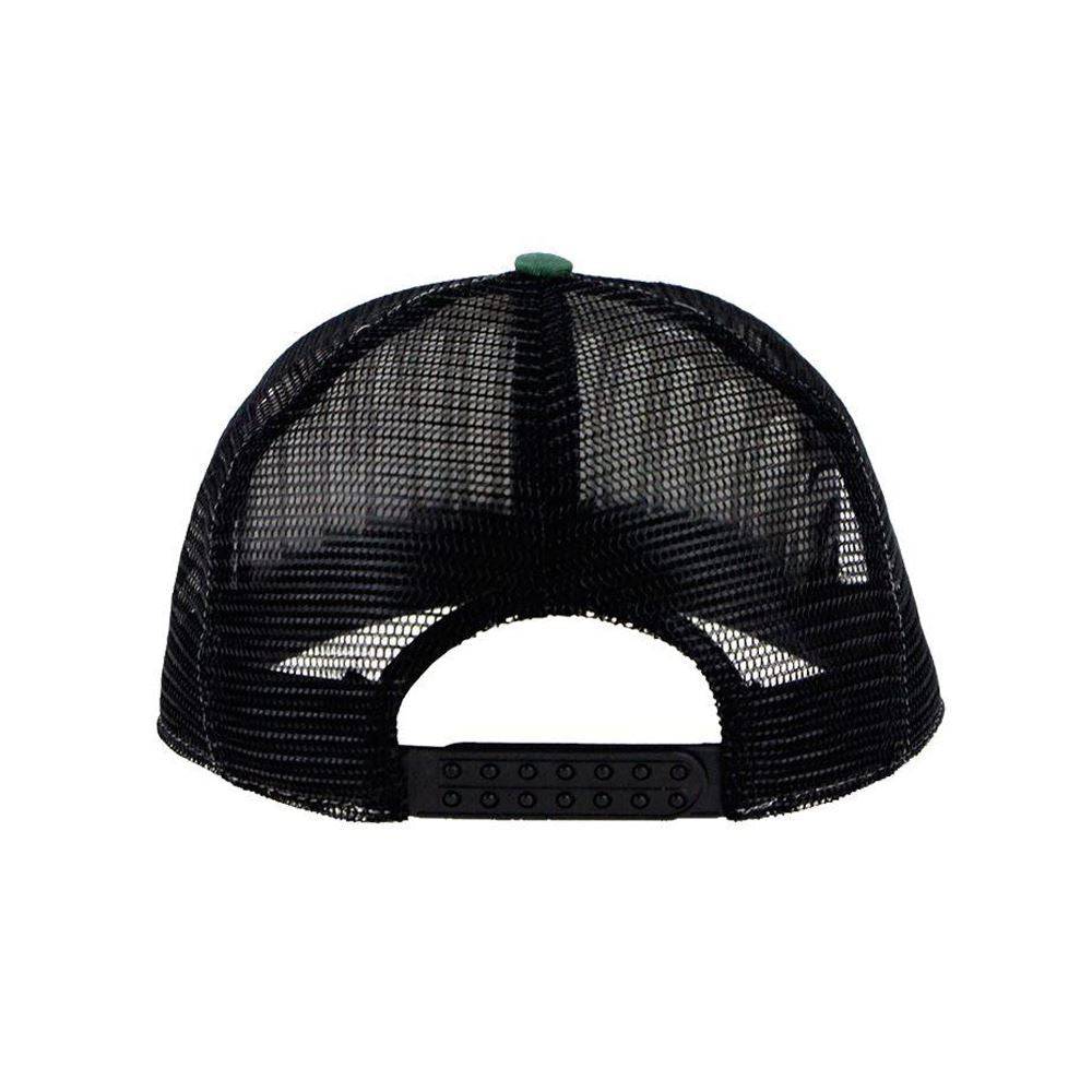 Hydrus Patch Trucker Hat back view black mesh double snap closure